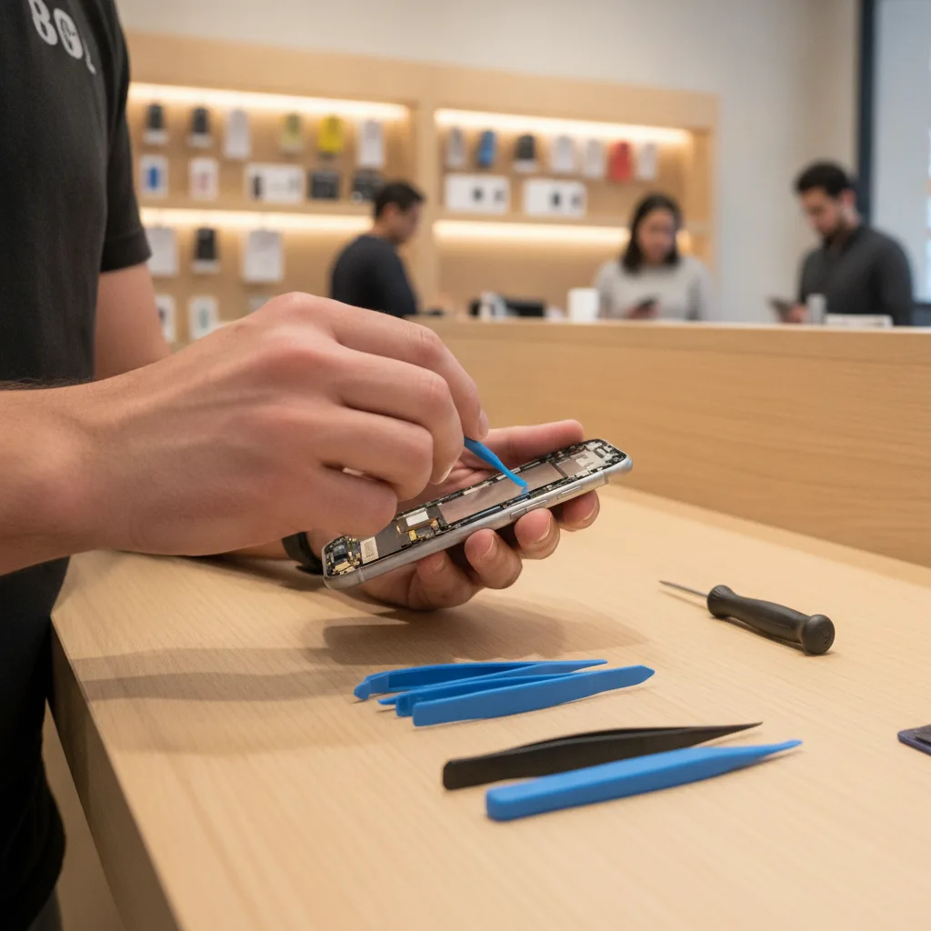 A technician's hands skillfully placing a new screen on an iPhone. Tools are neatly arranged on the 