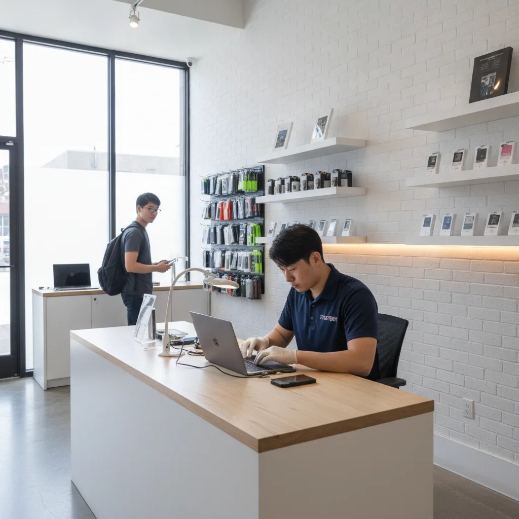 The interior of FIXSTORY shop, clean and organized, with a technician focused on repairing a MacBook