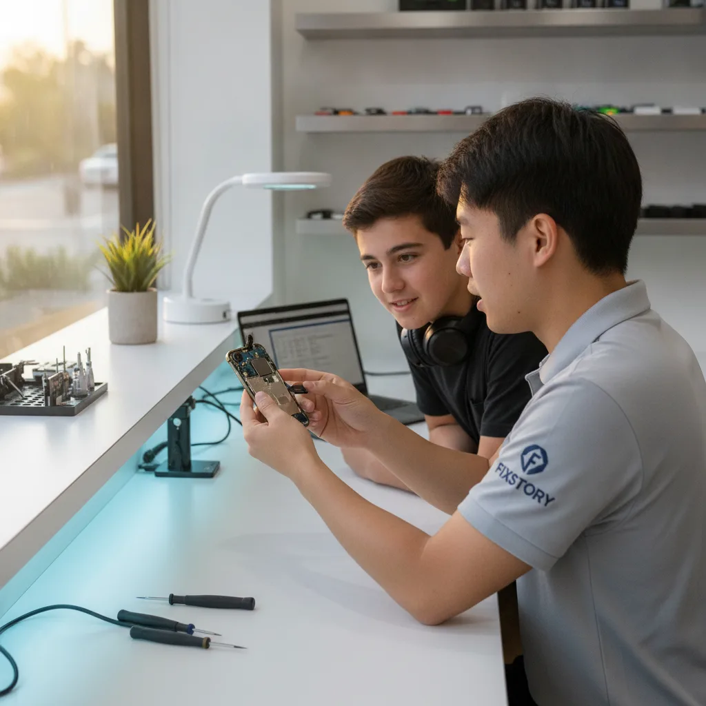 The clean and organized workbench at FIXSTORY, with precision tools laid out next to an iPhone mid-r