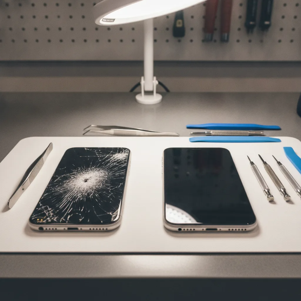 A side-by-side photo showing a badly cracked iPhone screen on the left, and the same phone with a pr