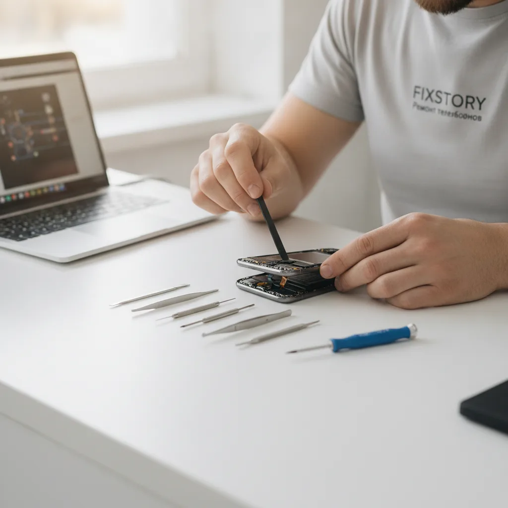 Счастливый клиент выходит из мастерской FIXSTORY со своим 