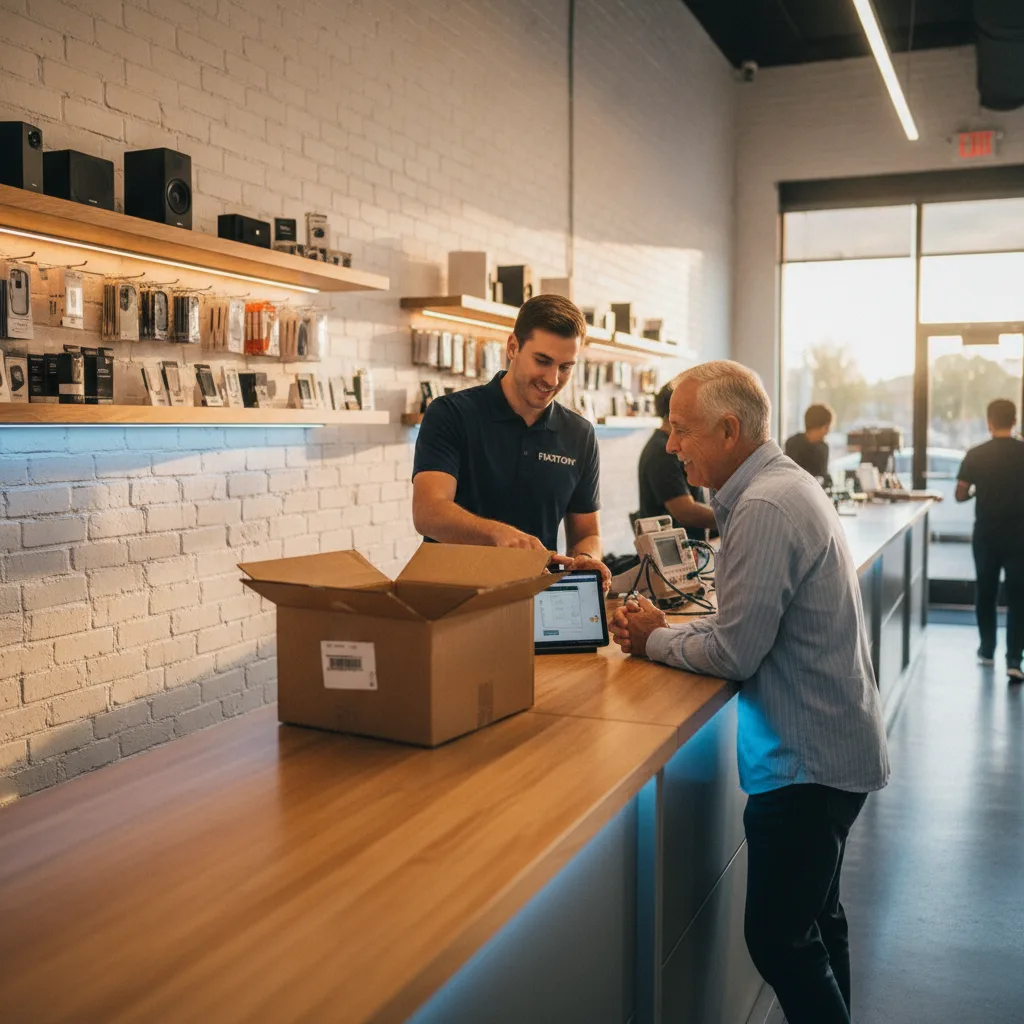 An open, empty shipping box on a table, symbolizing the long wait for a mail-in repair.
