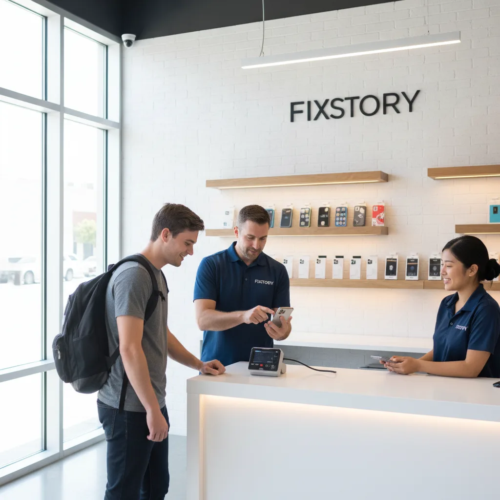 The inside of the FIXSTORY shop, with a technician at the counter handing a repaired iPhone back to 