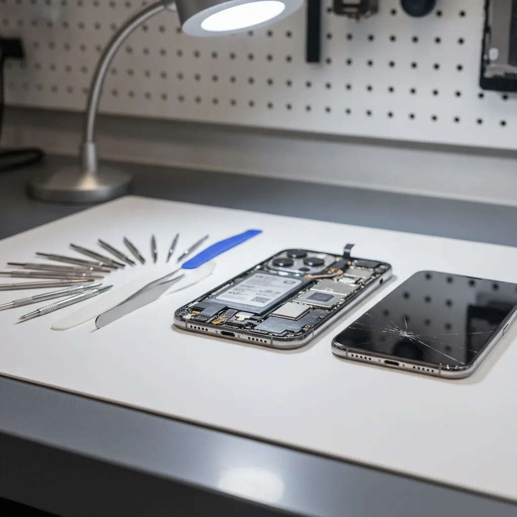 A technician's workbench with an open iPhone 14 Pro, showing the internal components and the screen 