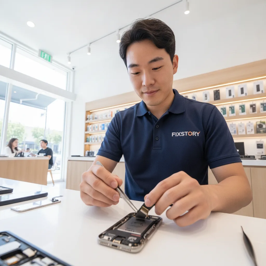 A technician at FIXSTORY carefully removing a swollen battery from an iPhone case.