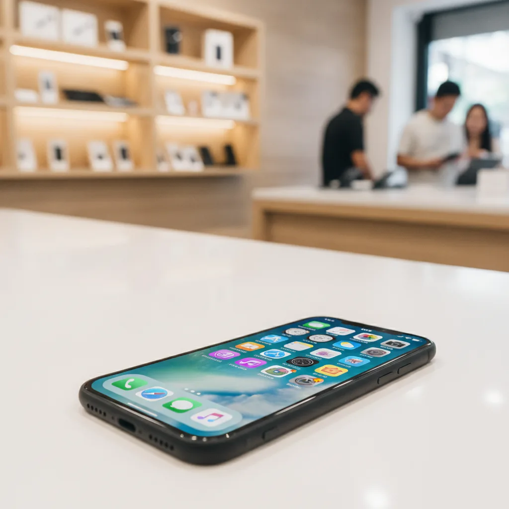 Close-up shot of the same iPhone, now with a flawless, bright new screen, showing a vibrant home scr