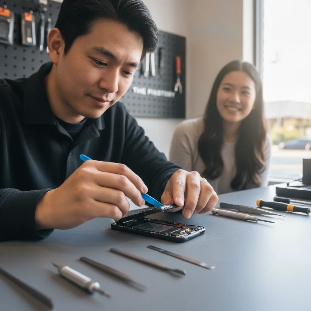 The FIXSTORY shop counter with a technician examining a cracked iPhone. The customer looks on, relie