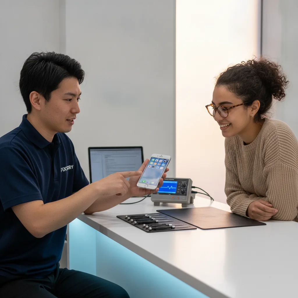 The same iPhone, now with a pristine, new screen, being handed back to the happy customer over the c