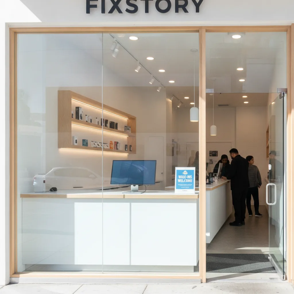 The exterior of the FIXSTORY shop in Downtown LA, with a friendly 'Walk-ins Welcome' sign visible.