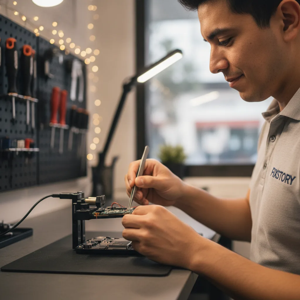 Interior shot of the FIXSTORY repair shop, clean and organized, with a technician working on a devic