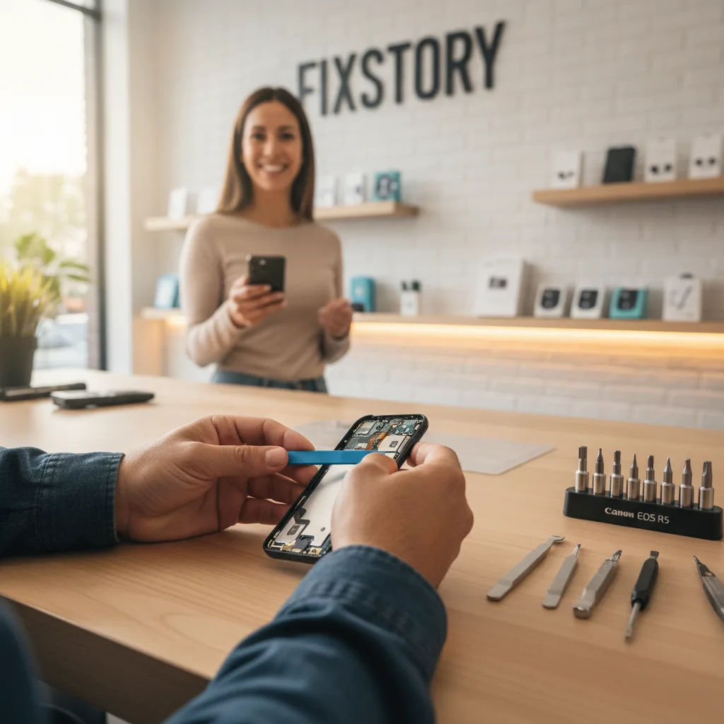 A happy customer leaving the FIXSTORY shop, holding their perfectly repaired phone and smiling at th