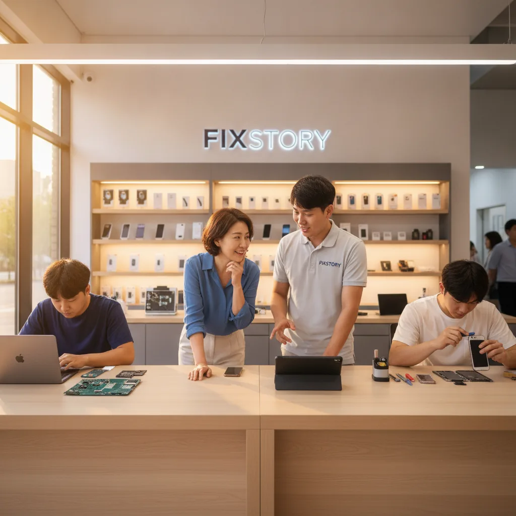 Inside view of the FIXSTORY shop showing two distinct workstations. One technician is focused on a d