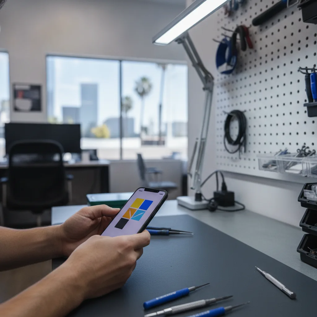 A skilled technician carefully replacing an iPhone screen at a workbench