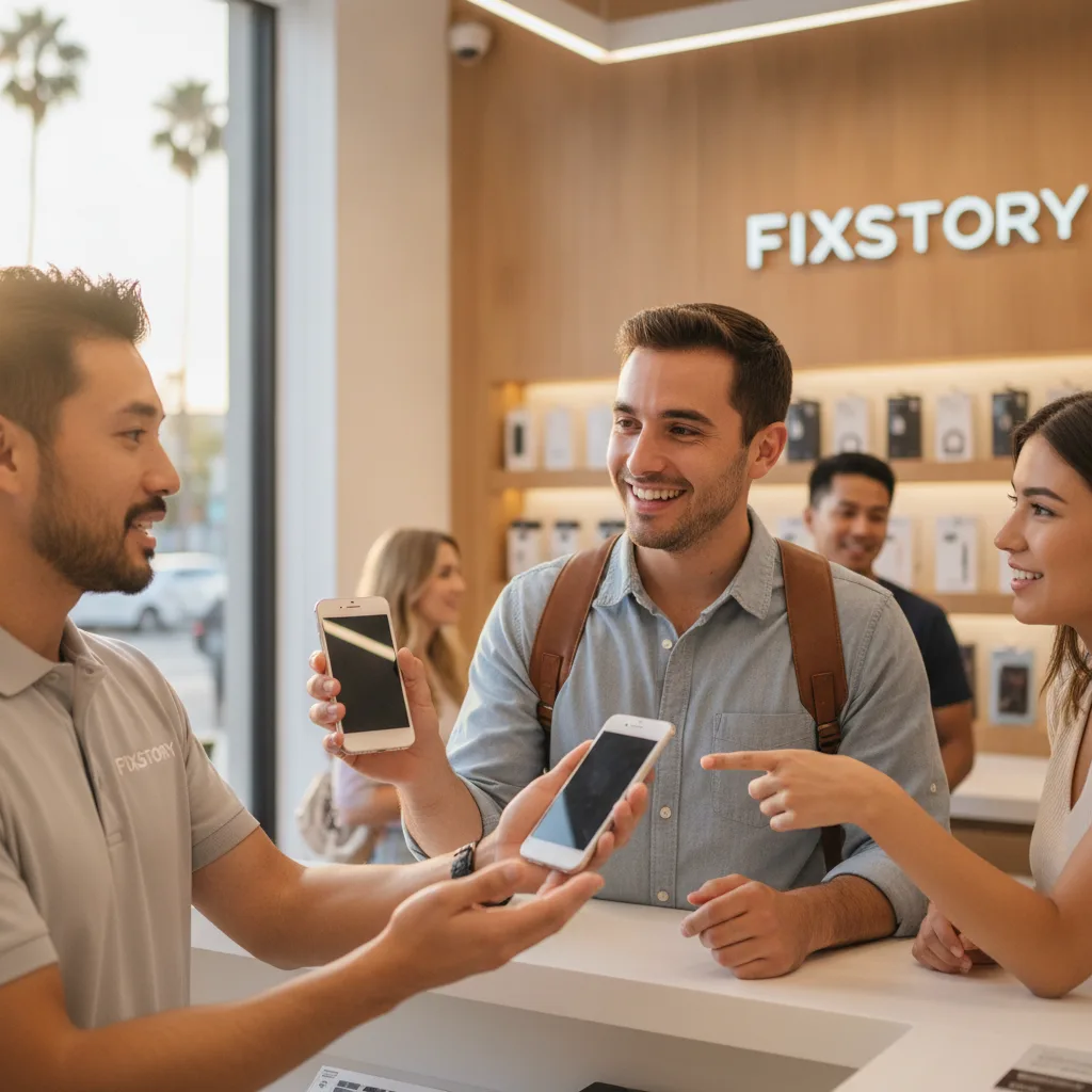 The same person from the first image, now smiling and using their perfectly repaired iPhone outside 