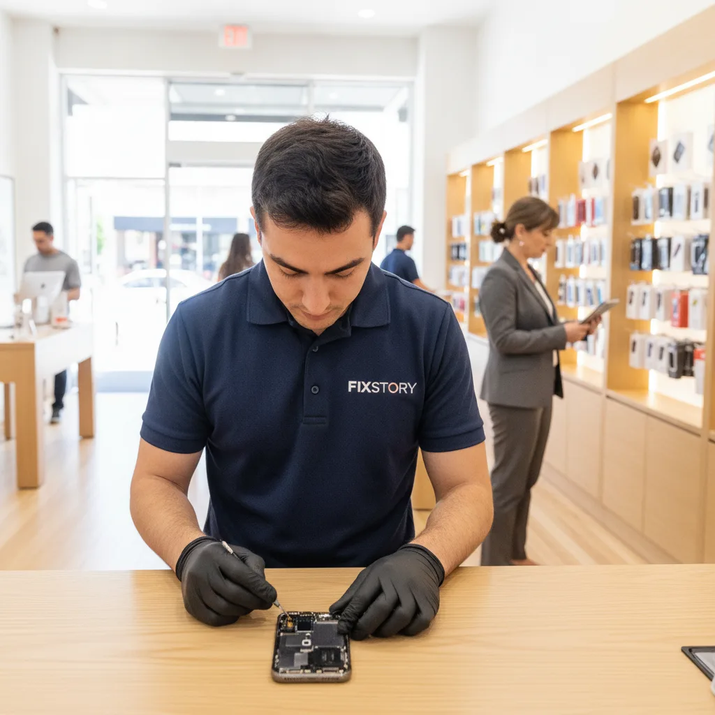 A technician's hands carefully working on an open iPhone, showing the internal components near the t