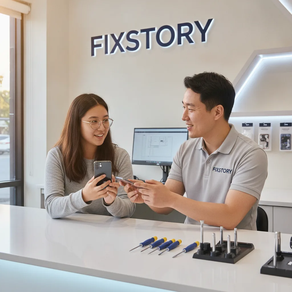 A friendly technician at FIXSTORY handing a perfectly repaired iPhone back to a relieved customer.