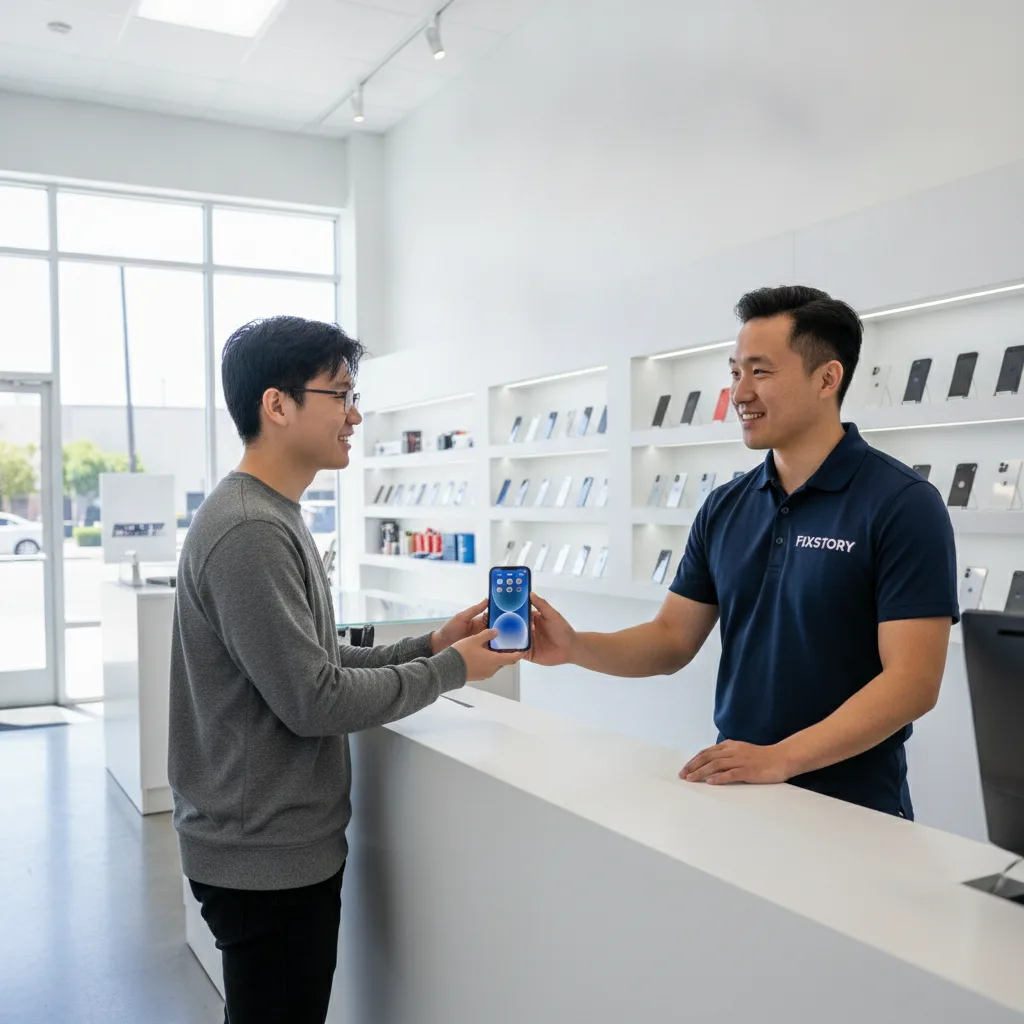 The front counter of FIXSTORY, clean and well-lit, with a customer happily receiving their repaired 