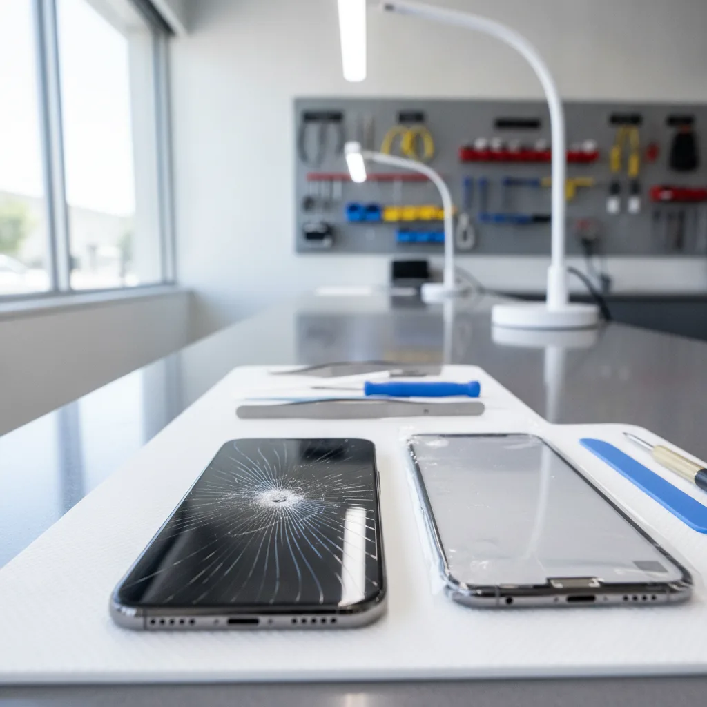 An iPhone 15 Pro with a spiderweb crack next to a brand new replacement screen assembly part.