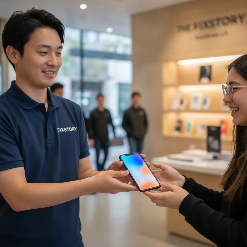 The FIXSTORY storefront in Downtown LA, with a customer walking out happily with their repaired phon