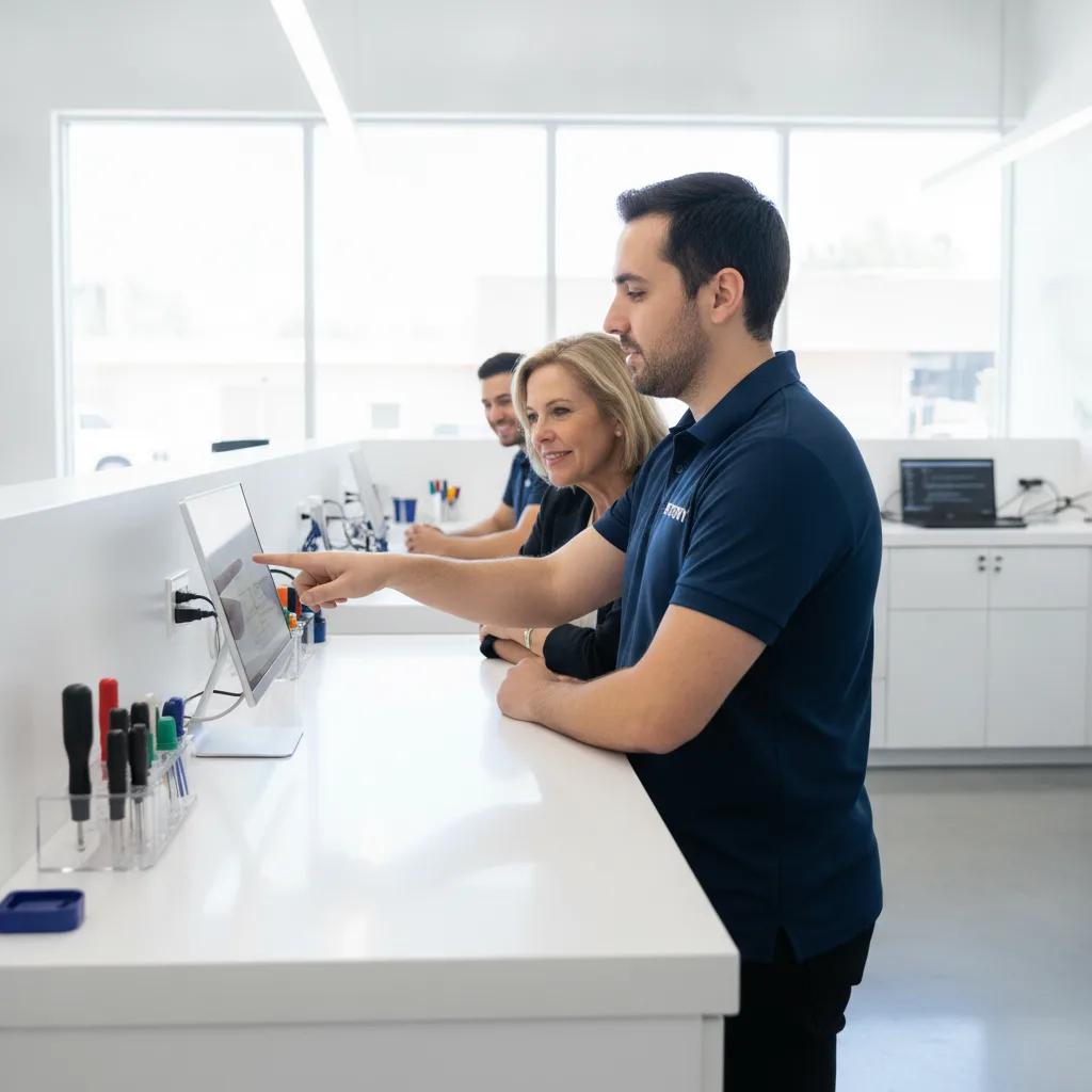 The interior of the FIXSTORY shop, with a clean counter and a customer talking to a friendly technic