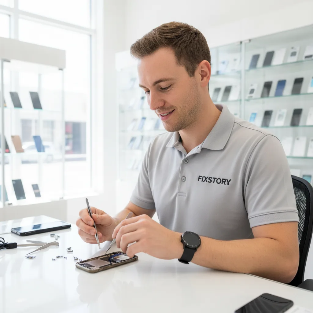 A technician's hands carefully replacing an iPhone screen