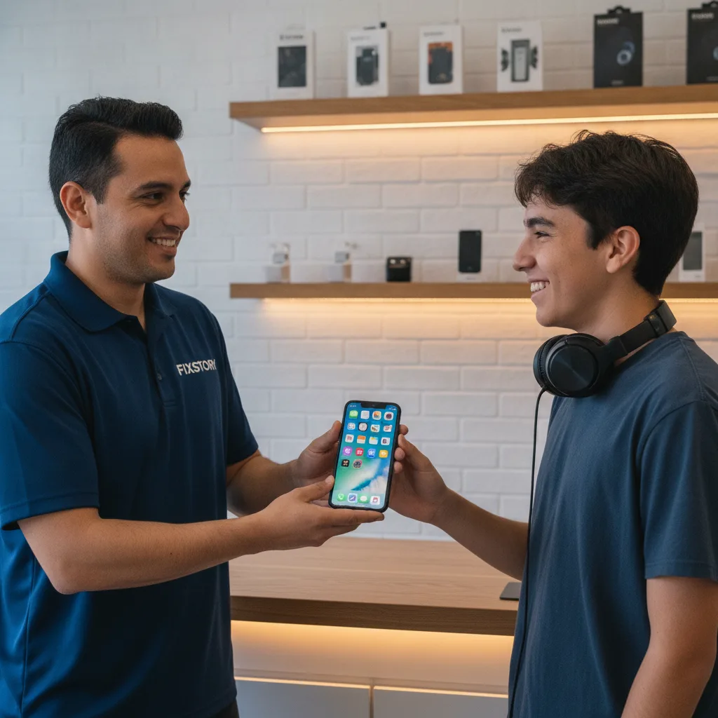 The 'after' shot — the same person from the first image now holding their fully repaired iPhone, s