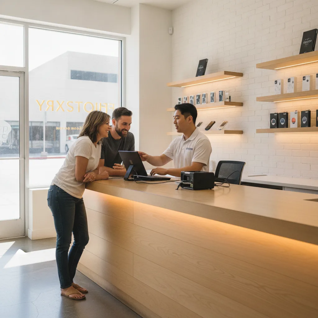The exterior of the FIXSTORY shop in Downtown LA, with welcoming lights and a clear sign.