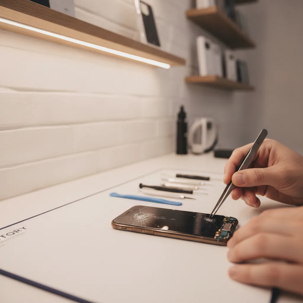 The interior of the FIXSTORY shop, clean and professional, with a technician working on an iPhone at