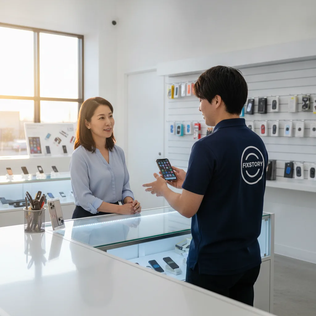 The interior of the FIXSTORY shop, with a friendly technician handing a repaired iPhone back to a sm