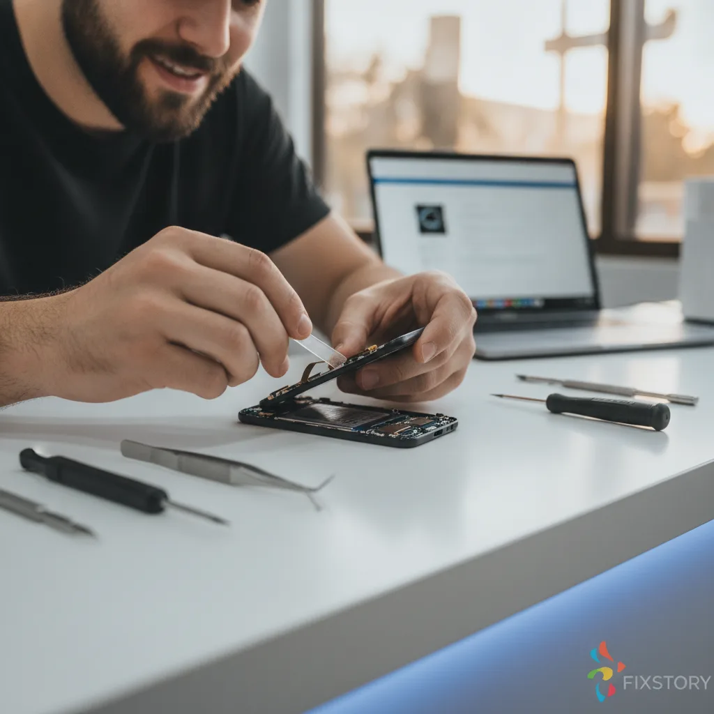 A technician at FIXSTORY carefully examining the inside of a smartphone with professional tools.