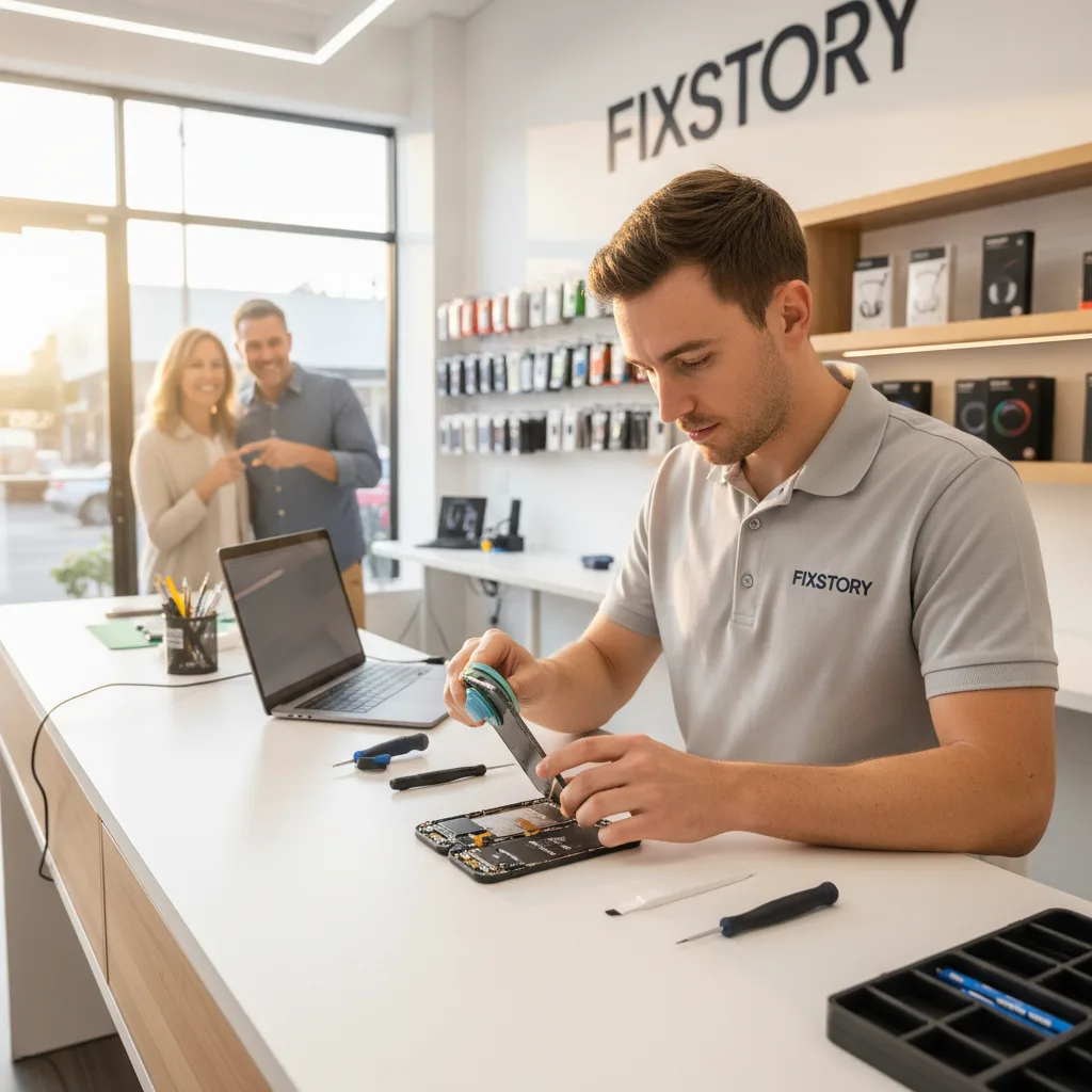 A technician at FIXSTORY carefully lifting a damaged iPhone screen off the device, revealing the com