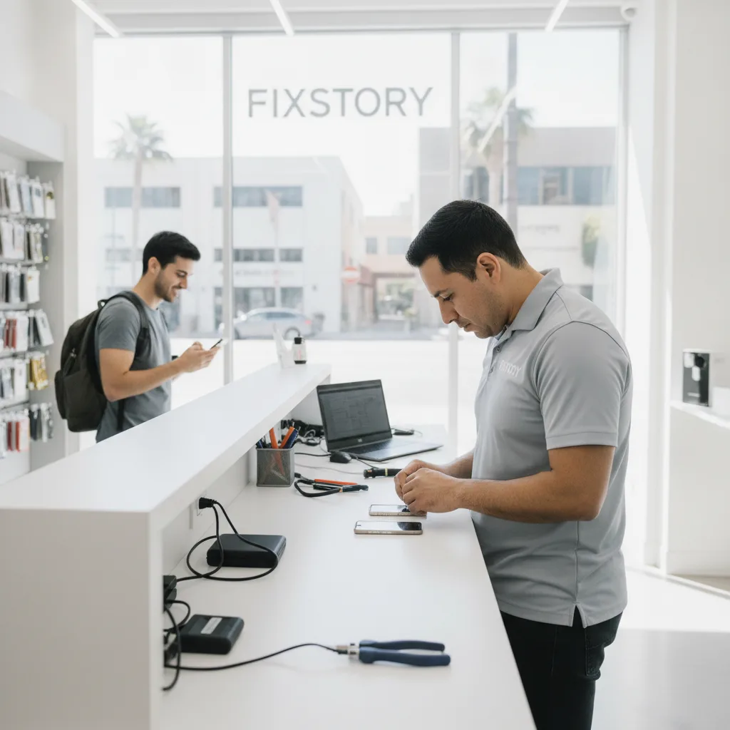The 'after' shot — the same person walking out of FIXSTORY, happily using their fully repaired iPh