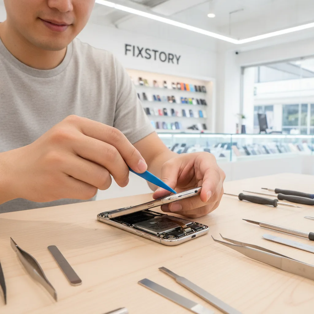 Close-up of a technician's hands skillfully replacing an iPhone screen at a workbench in the FIXSTOR