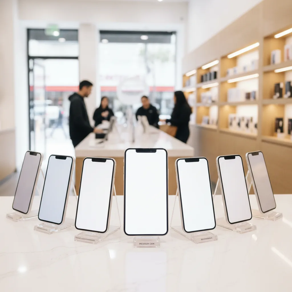 An array of different quality iPhone screens on a display counter for a customer to see.