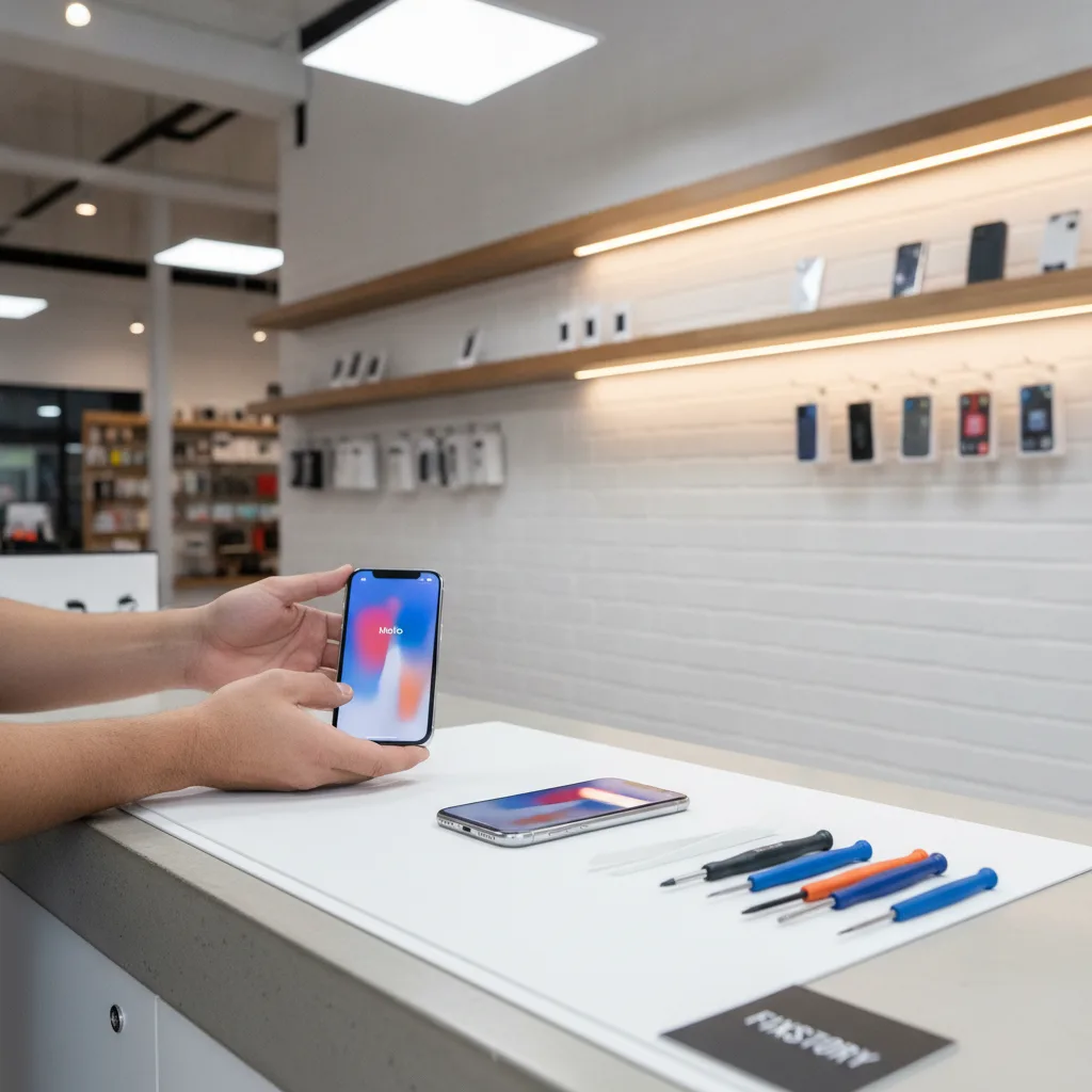 A customer happily receiving their repaired iPhone with a new screen over the counter at FIXSTORY