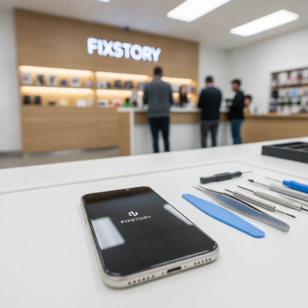 A customer leaving the FIXSTORY shop, looking satisfied with their perfectly repaired iPhone in hand