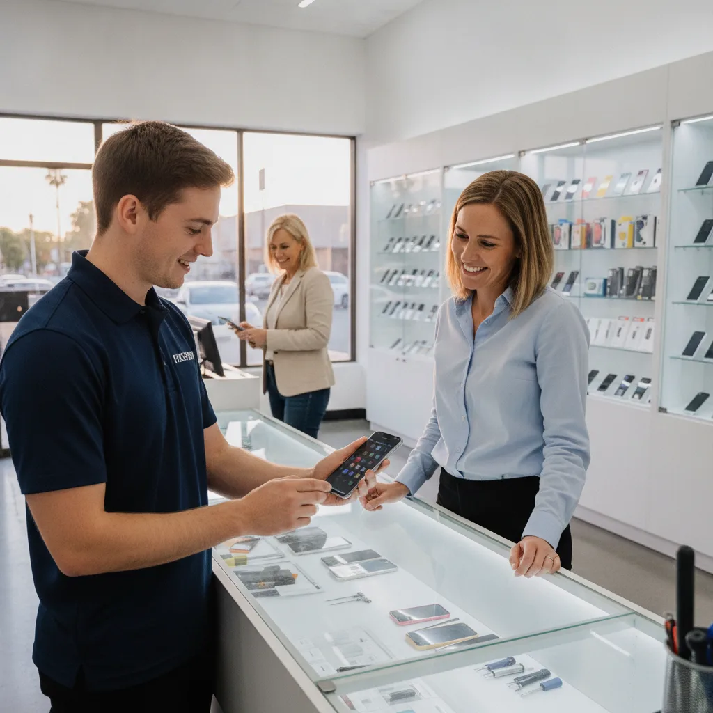 A customer looking at their newly repaired iPhone screen with a happy expression at the FIXSTORY cou