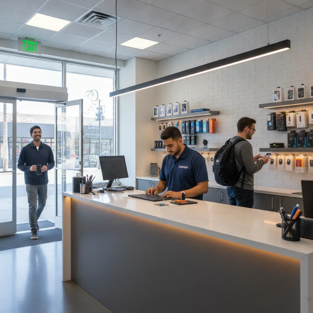 A person walking out of the FIXSTORY shop looking relieved, holding their fully functional iPhone.