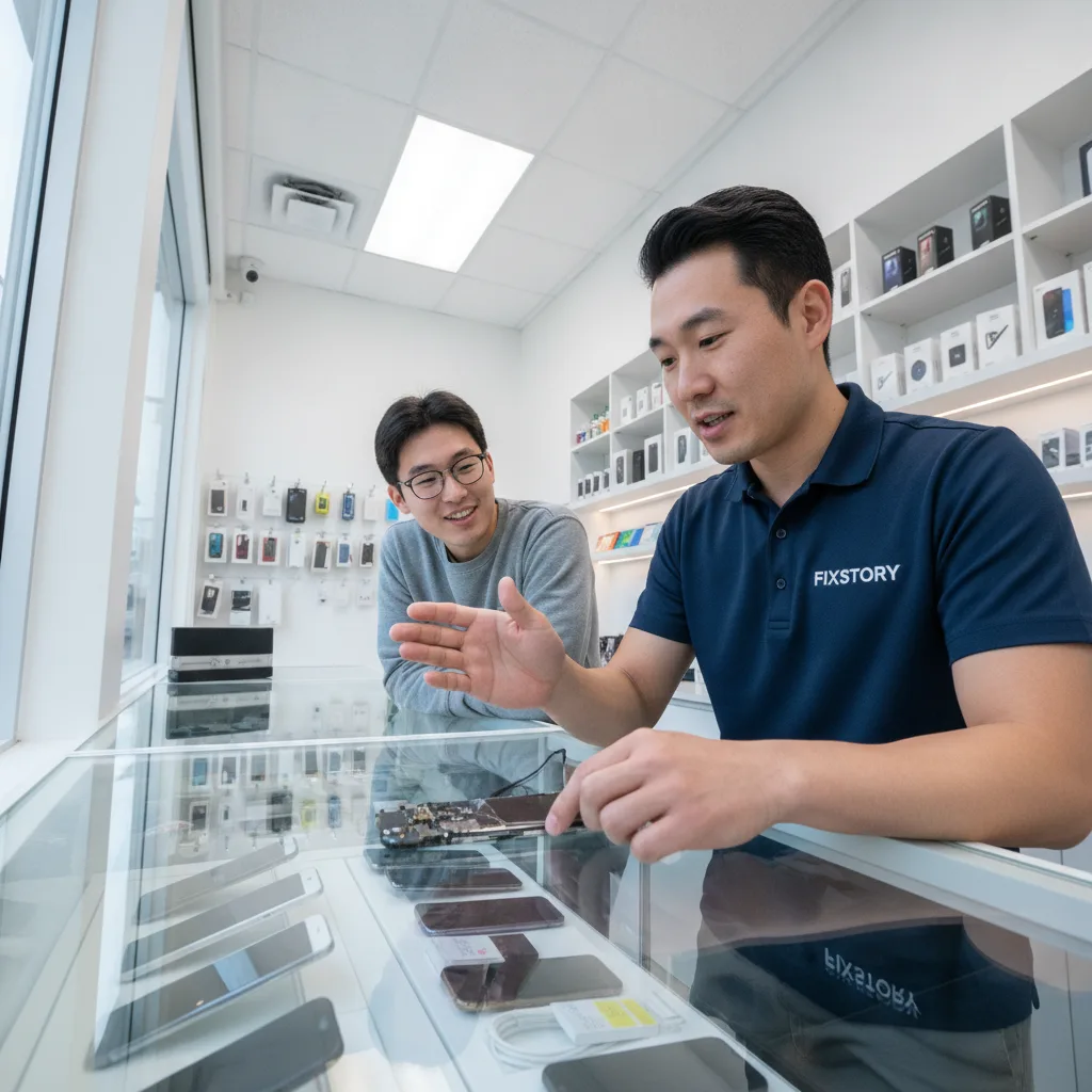 A close-up shot of a FIXSTORY technician's hands carefully examining the inside of an open iPhone wi