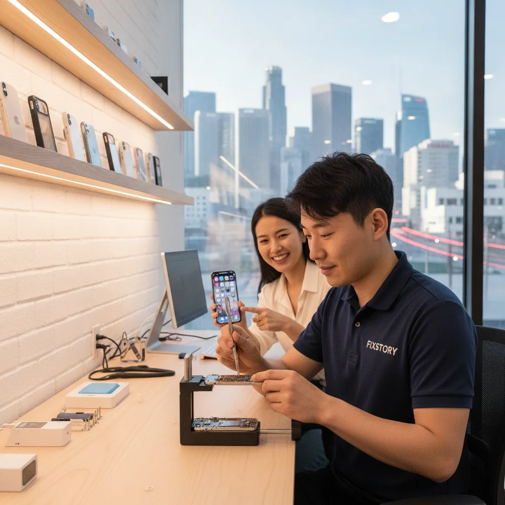 A person holding their perfectly repaired iPhone, smiling, with the bright lights of Downtown Los An