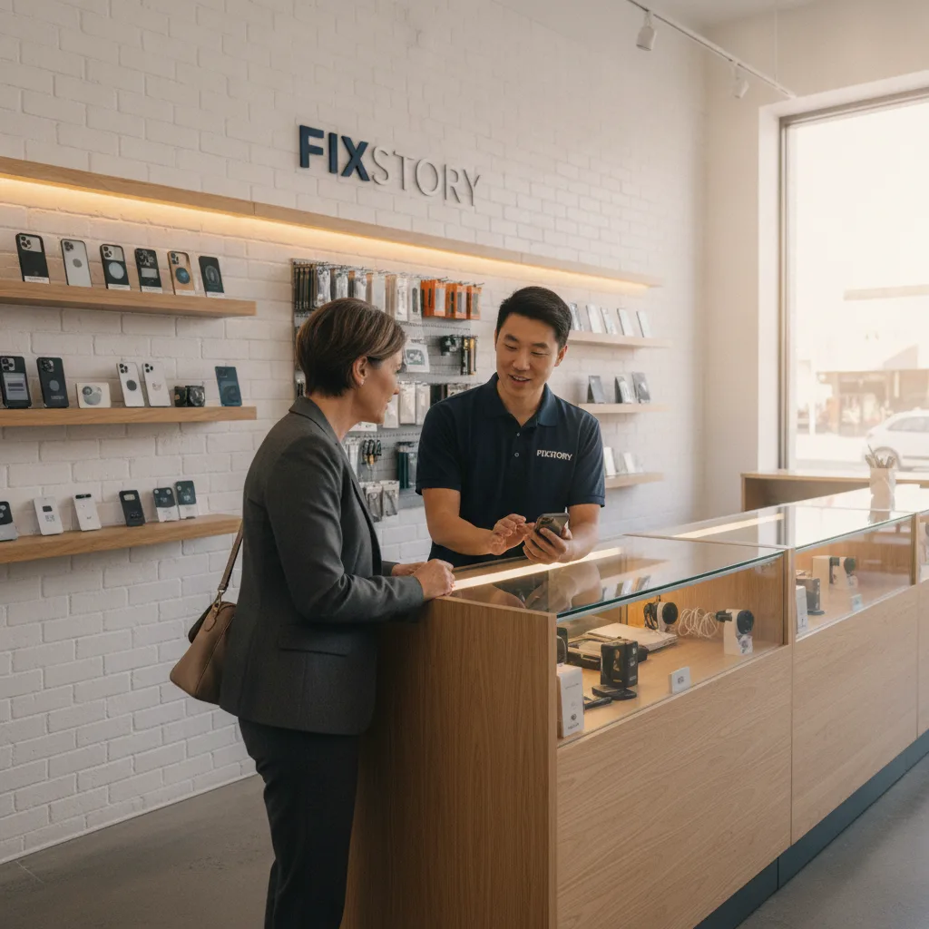 The inside of FIXSTORY repair shop, clean and organized. A friendly technician is welcoming a custom