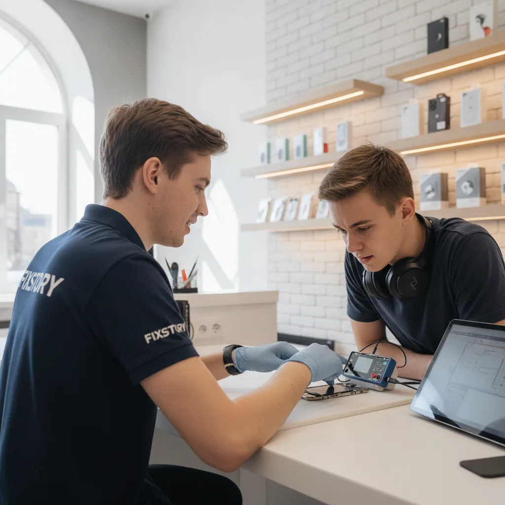 The inside of FIXSTORY repair shop, with a technician at a workbench using tools on an opened iPhone