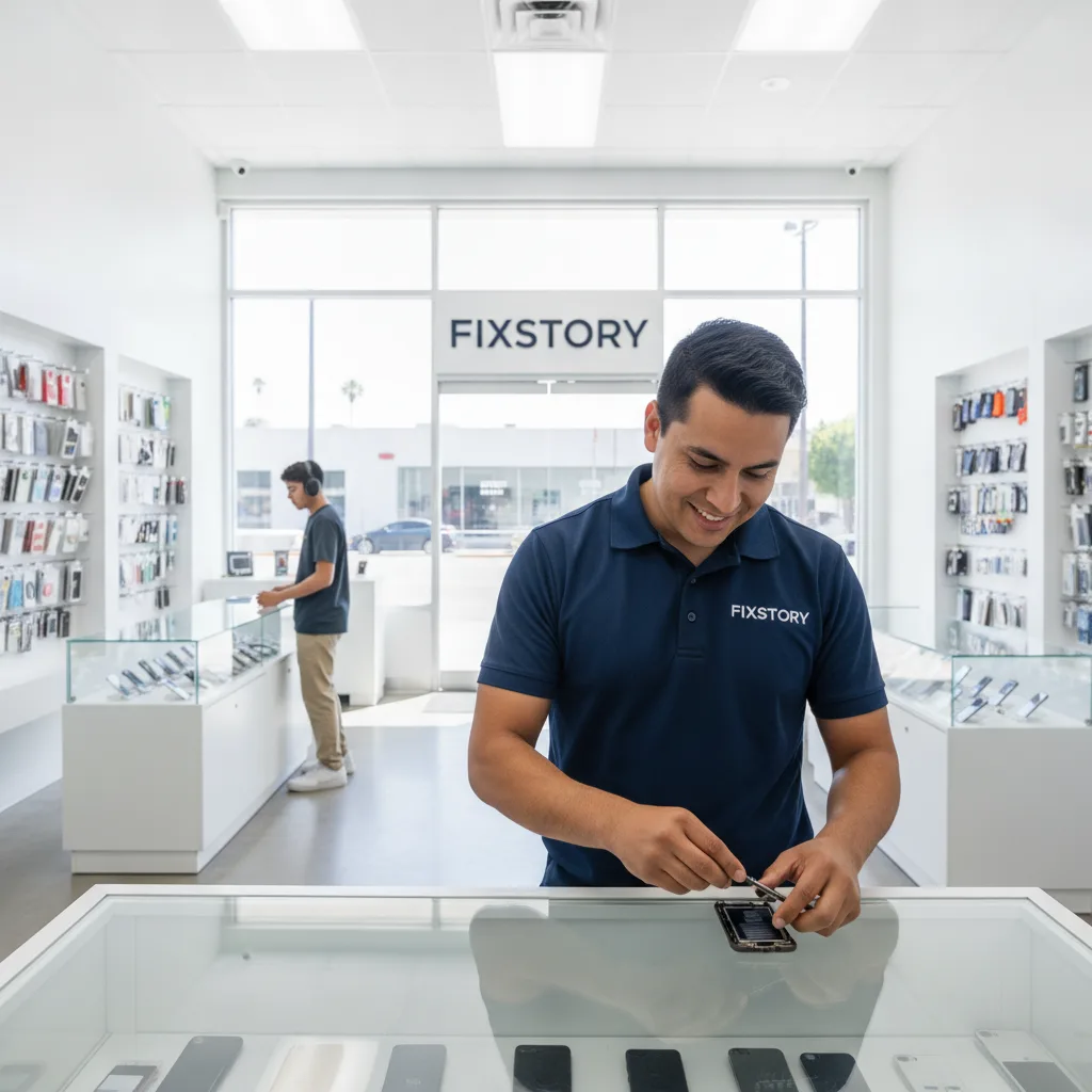A technician's hands carefully placing a new battery into an open iPhone at the FIXSTORY workbench
