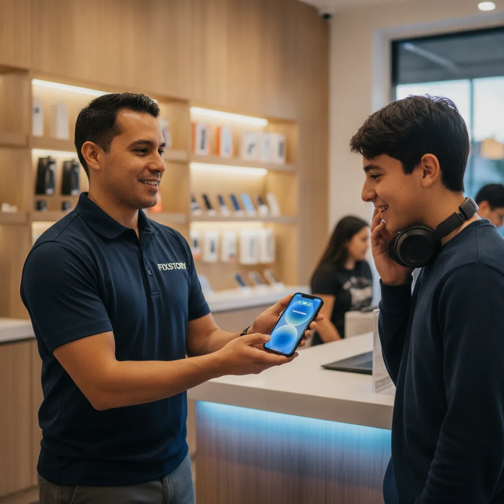 A person confidently using their iPhone outdoors in Los Angeles, screen showing 100% battery