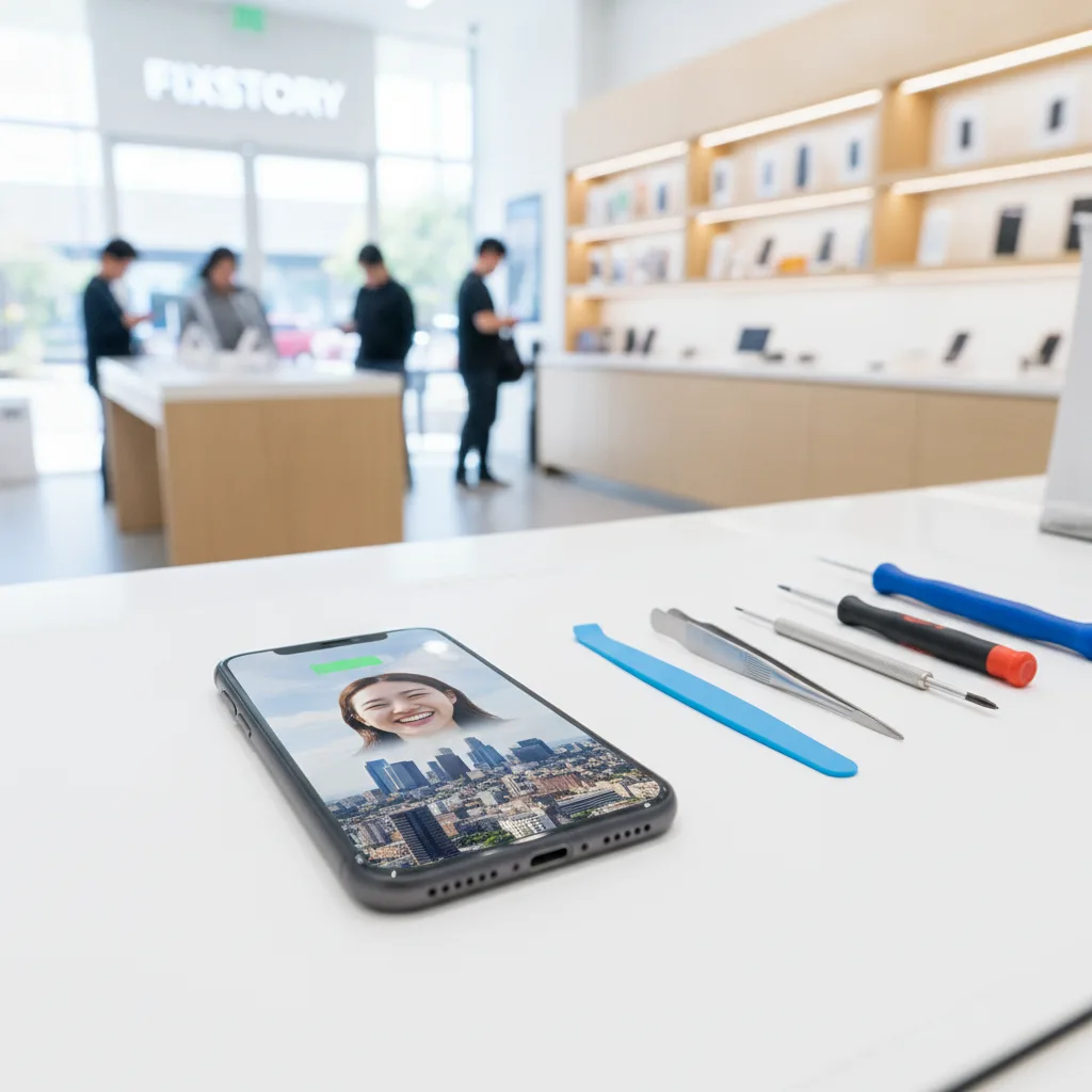 Jihye smiling as she leaves the FIXSTORY shop, looking at her fully charged iPhone screen with the D