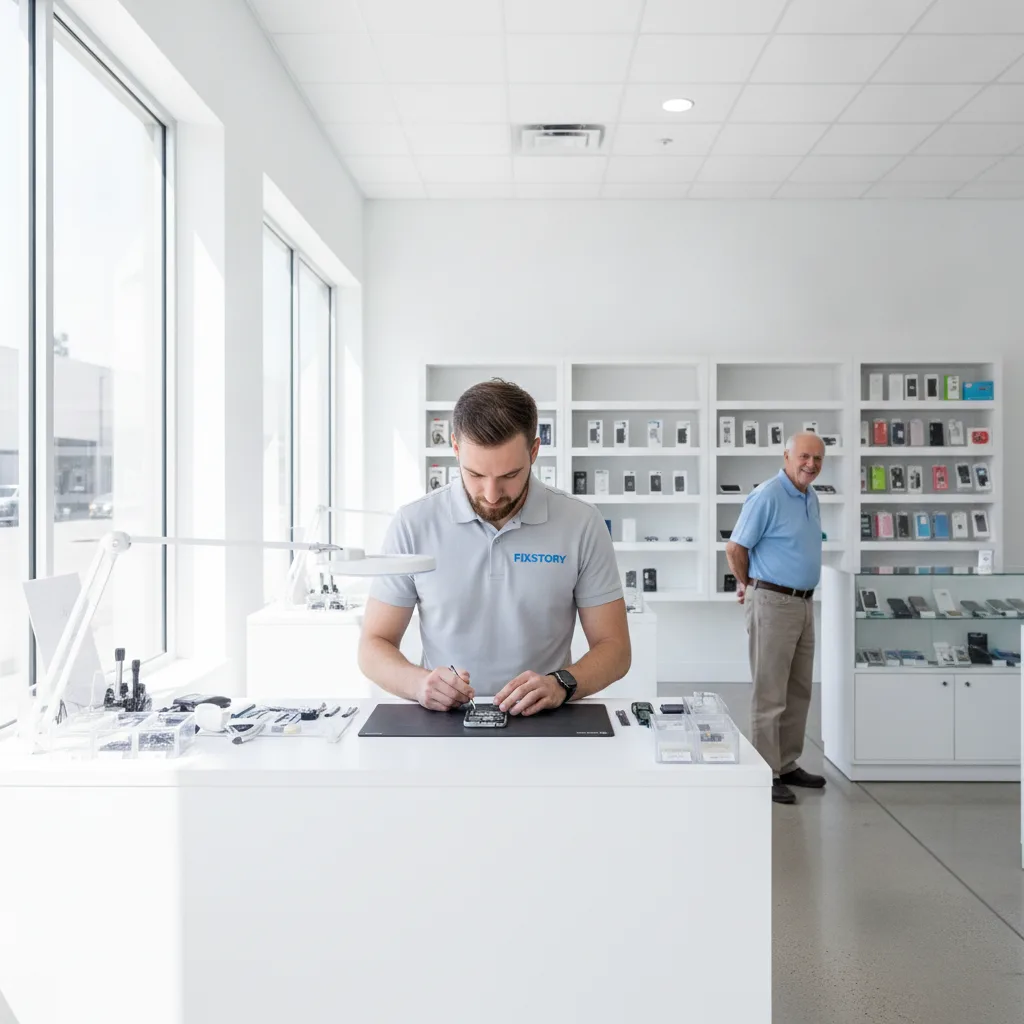 The interior of the FIXSTORY shop, showing a technician working on an iPhone at a clean workbench. A