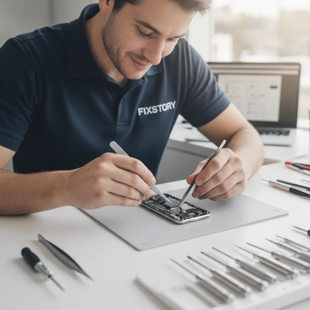 A technician's workbench at FIXSTORY, with tools laid out next to an opened iPhone being diagnosed