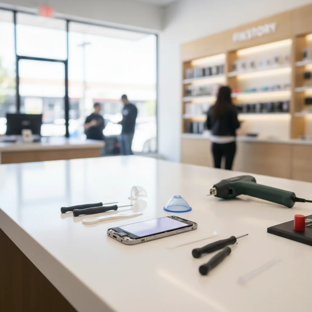 A technician's workbench at FIXSTORY, with tools and a phone mid-repair.