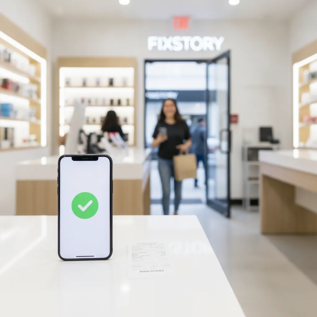 A smiling customer leaving the FIXSTORY shop with their perfectly repaired iPhone, looking relieved.