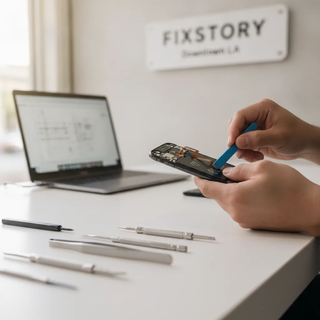 A friendly technician at FIXSTORY in Downtown LA examining a customer's iPhone with a black screen.